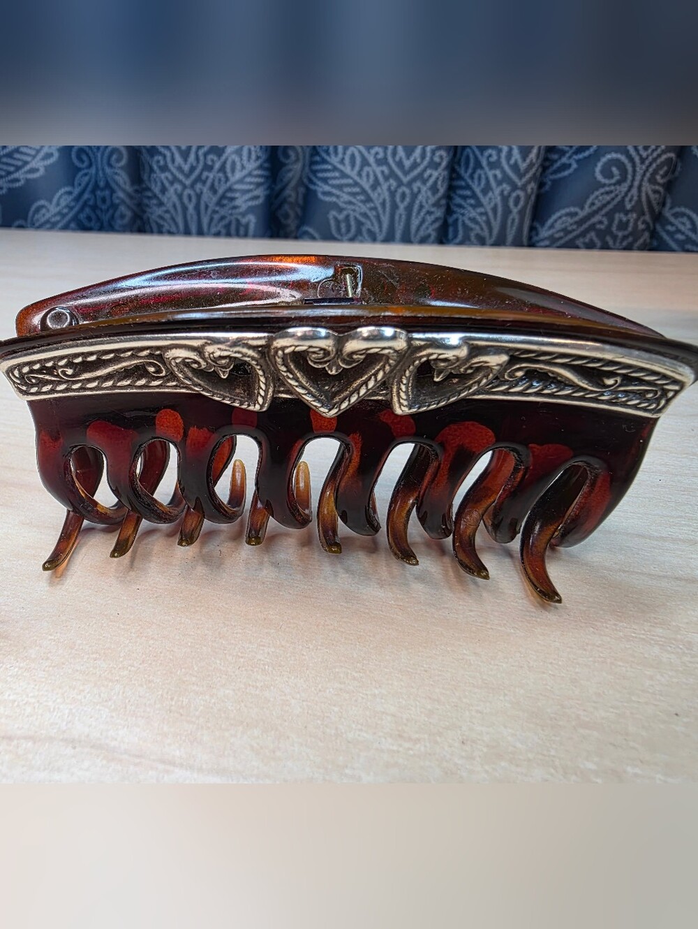 Vintage Tortoise Shell Claw Clip Silver Heart Western Made in France Large